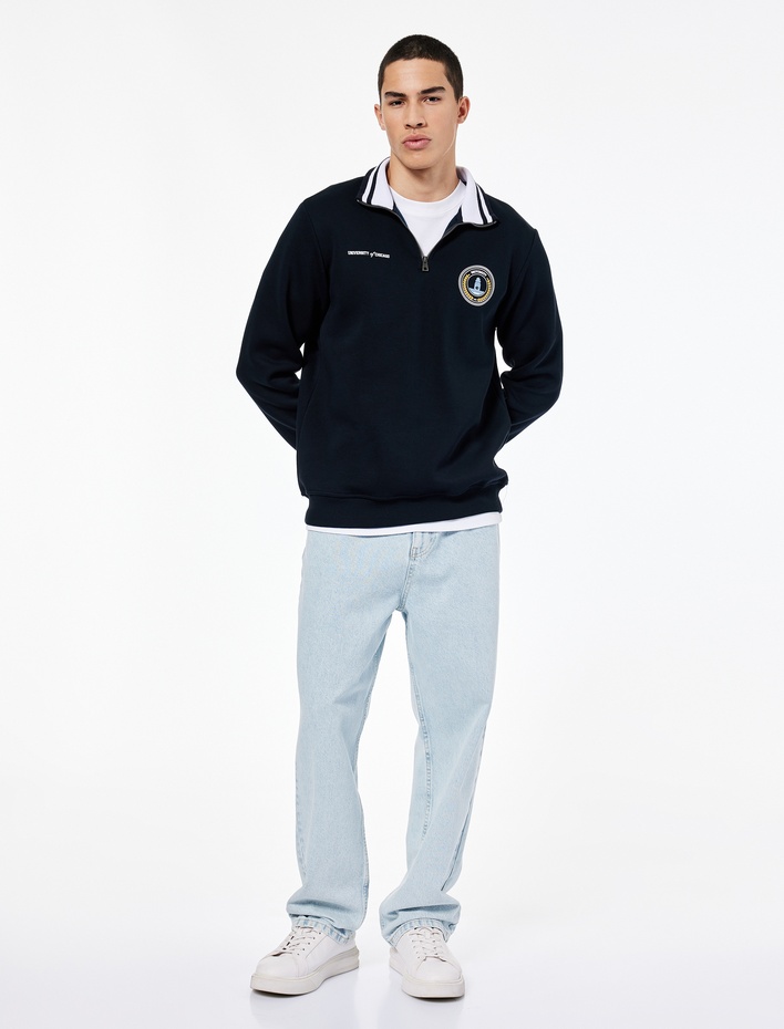  Uzun Kollu Şardonlu Baskılı Yarım Fermuarlı Sweatshirt