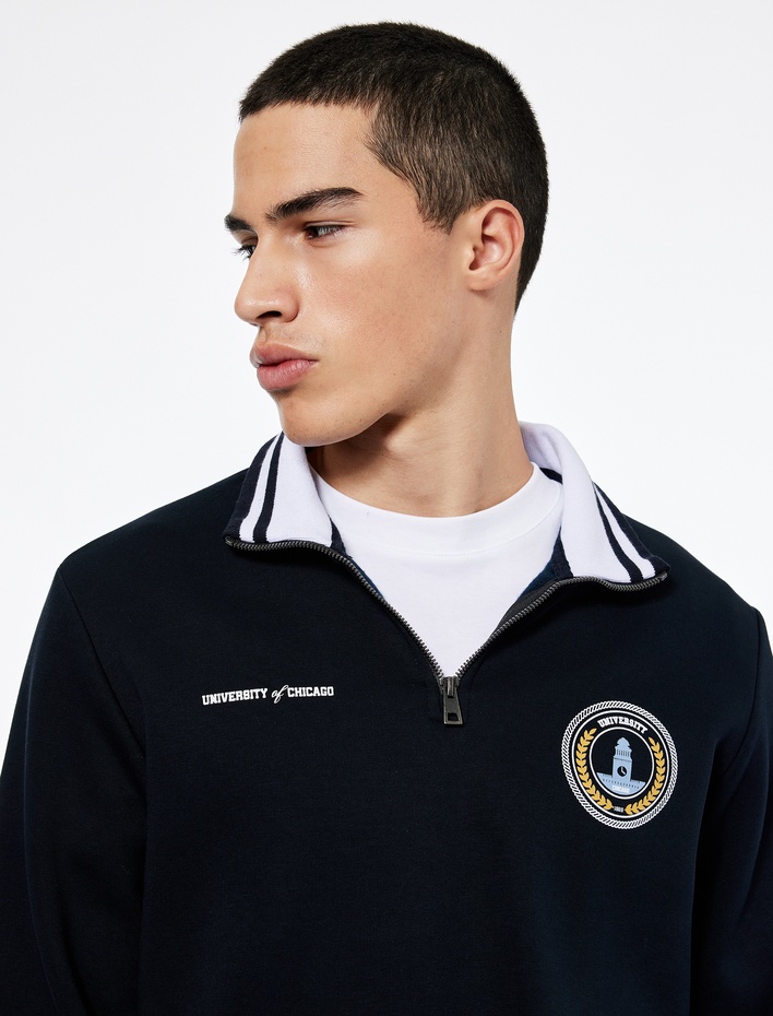  Uzun Kollu Şardonlu Baskılı Yarım Fermuarlı Sweatshirt