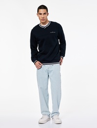 Regular Fit Uzun Kollu Çizgi Detaylı Şardonlu V Yaka Sweatshirt