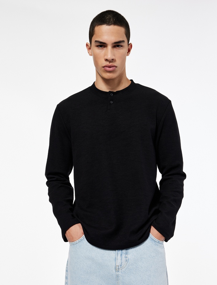  Regular Fit Düğmeli Hakim Yaka Uzun Kollu Tişört