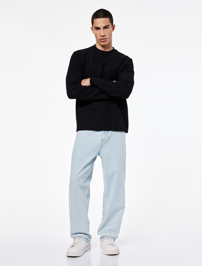  Regular Fit Düğmeli Hakim Yaka Uzun Kollu Tişört