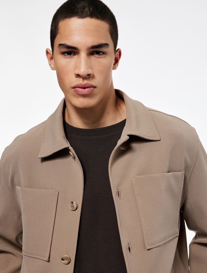  Uzun Kollu Cep Detaylı Düğmeli Gömlek Yaka Slim Fit Mevsimlik Ceket