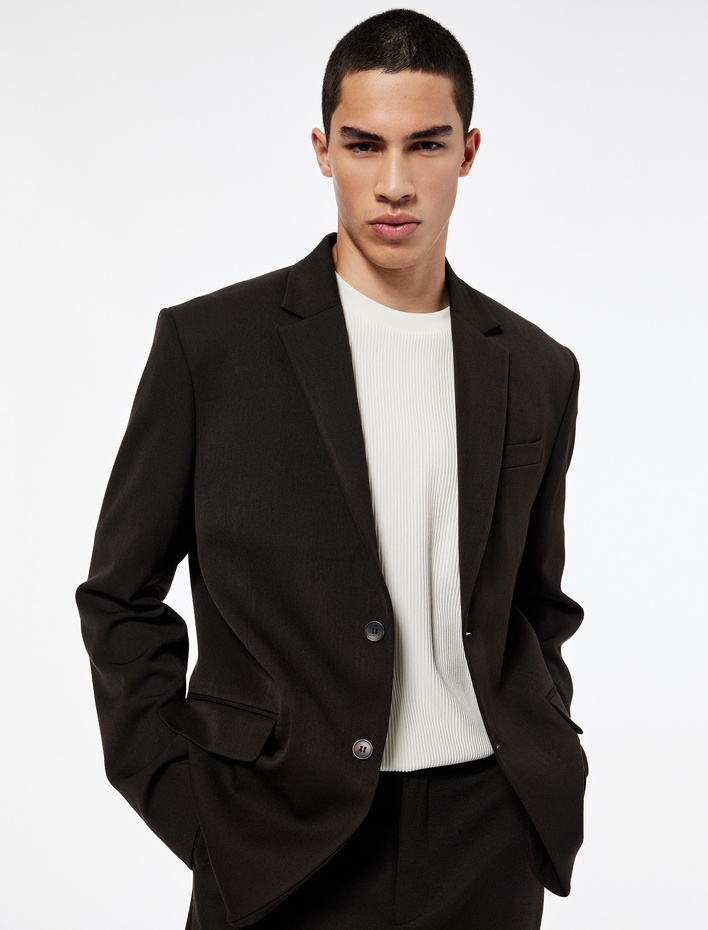  Regular Fit Viskon Karışımlı Kapaklı Cepli Uzun Kollu Mono Yaka Blazer Ceket