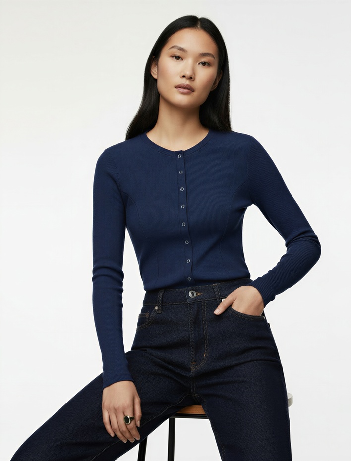  Uzun Kollu Bisiklet Yaka Dikiş Detaylı Çıtçıt Düğmeli Hırka