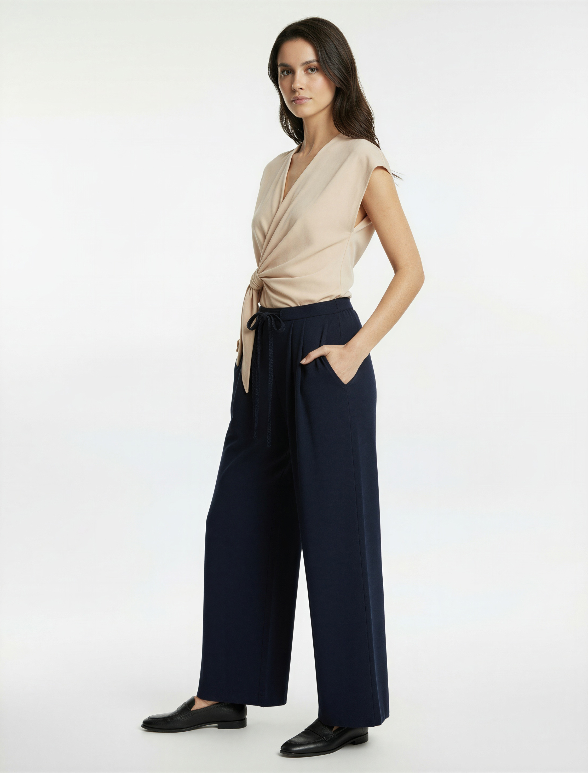   Beli Bağlamalı Cepli Geniş Paça Kumaş Baggy Pantolon