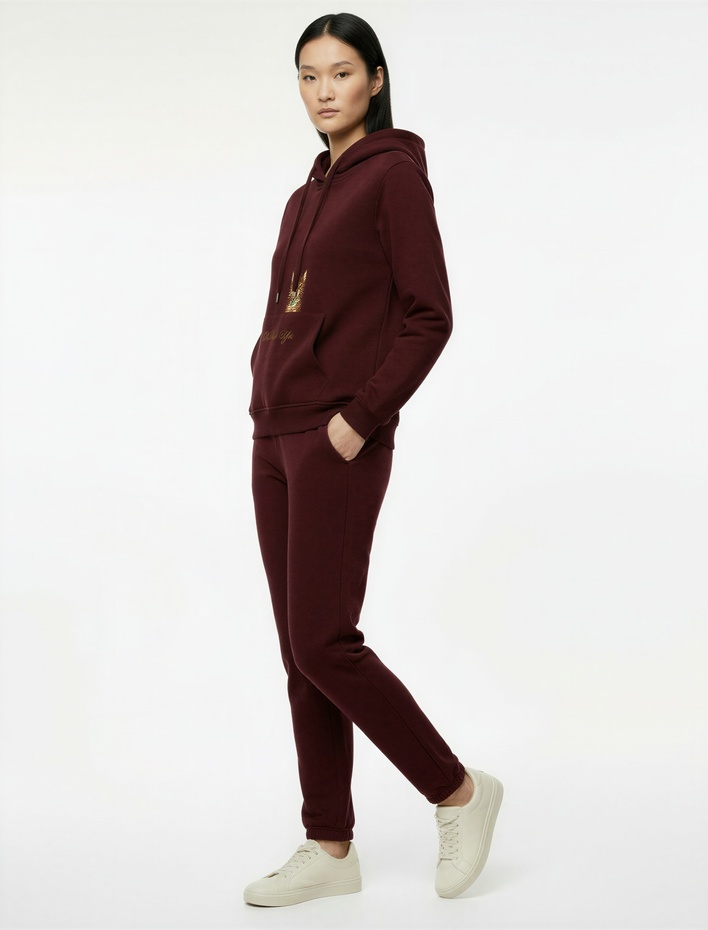  Şardonlu Kanguru Cepli Kapüşonlu Kedi İşlemeli Sweatshirt