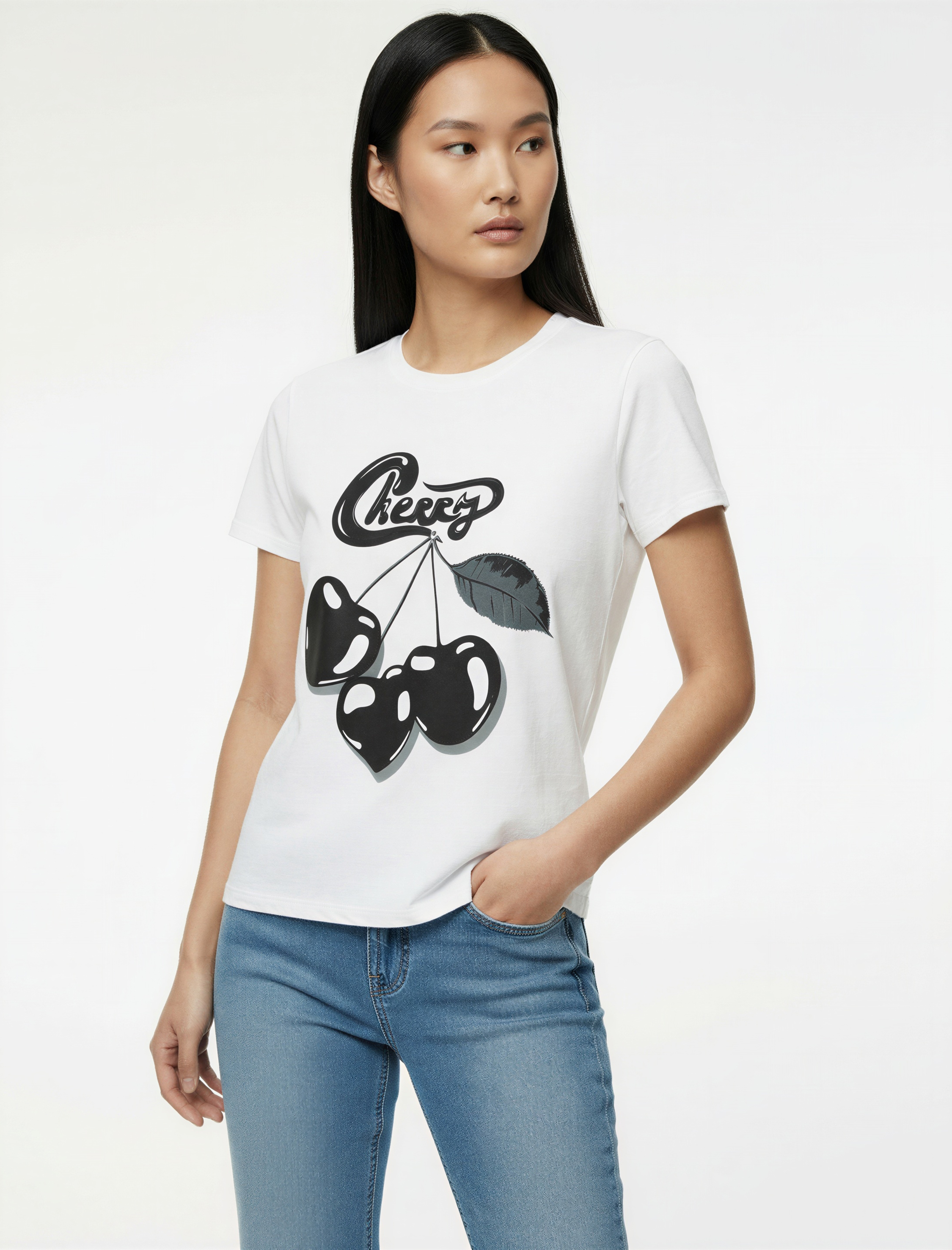   Kısa Kollu Bisiklet Yaka Arkası Kiraz Baskılı Oversize Tişört