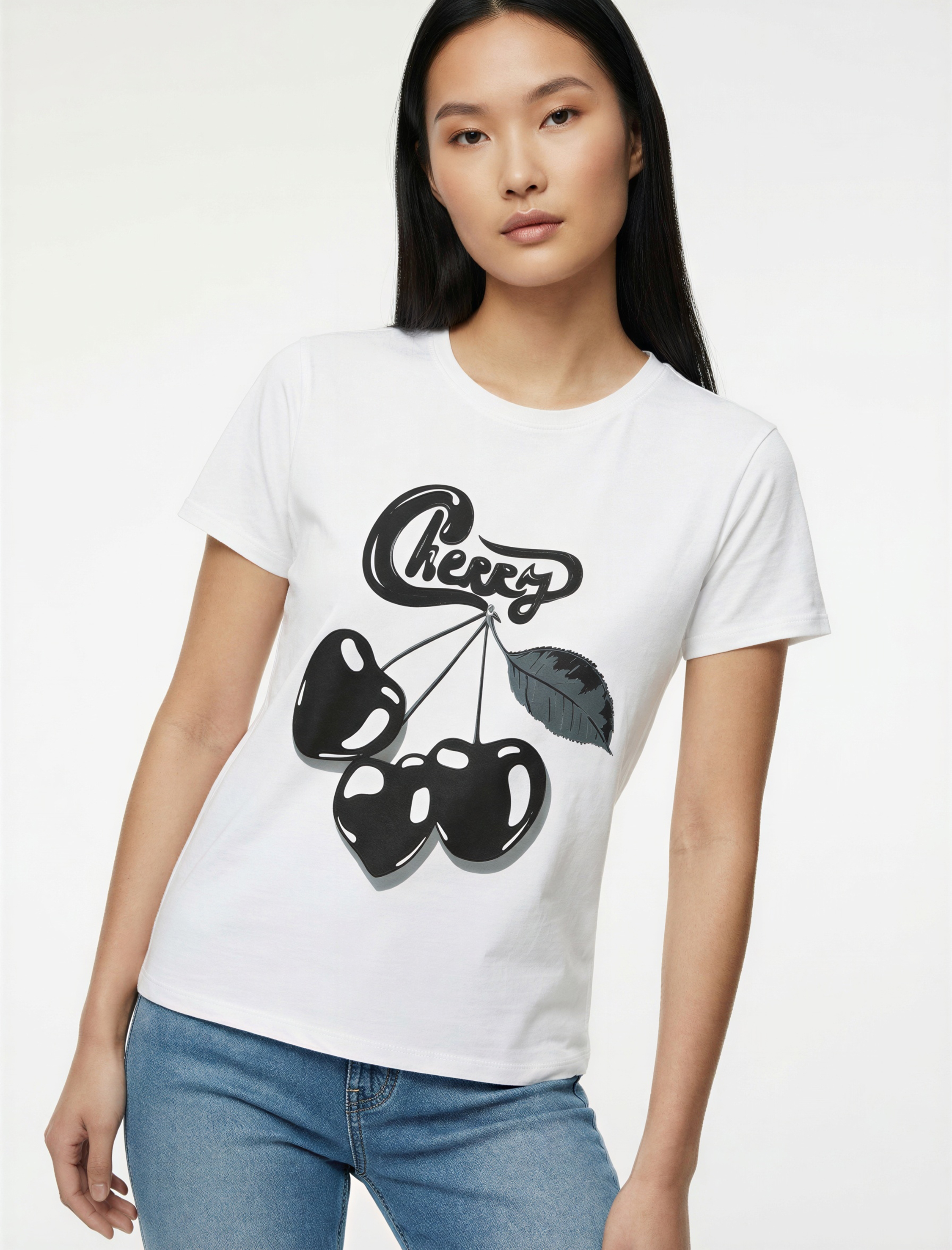   Kısa Kollu Bisiklet Yaka Arkası Kiraz Baskılı Oversize Tişört