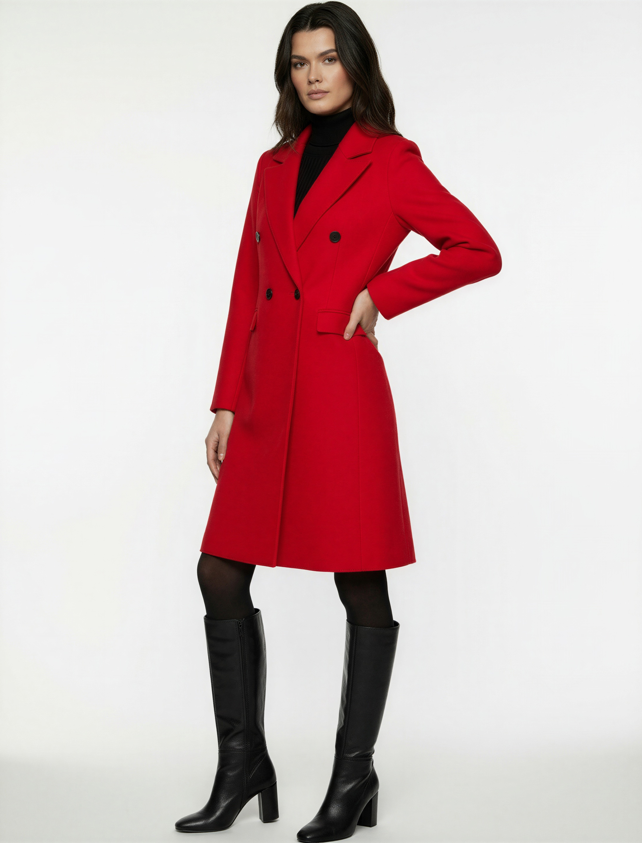   Uzun Kollu Düğmeli Kruvaze Uzun Kaşe Kaban