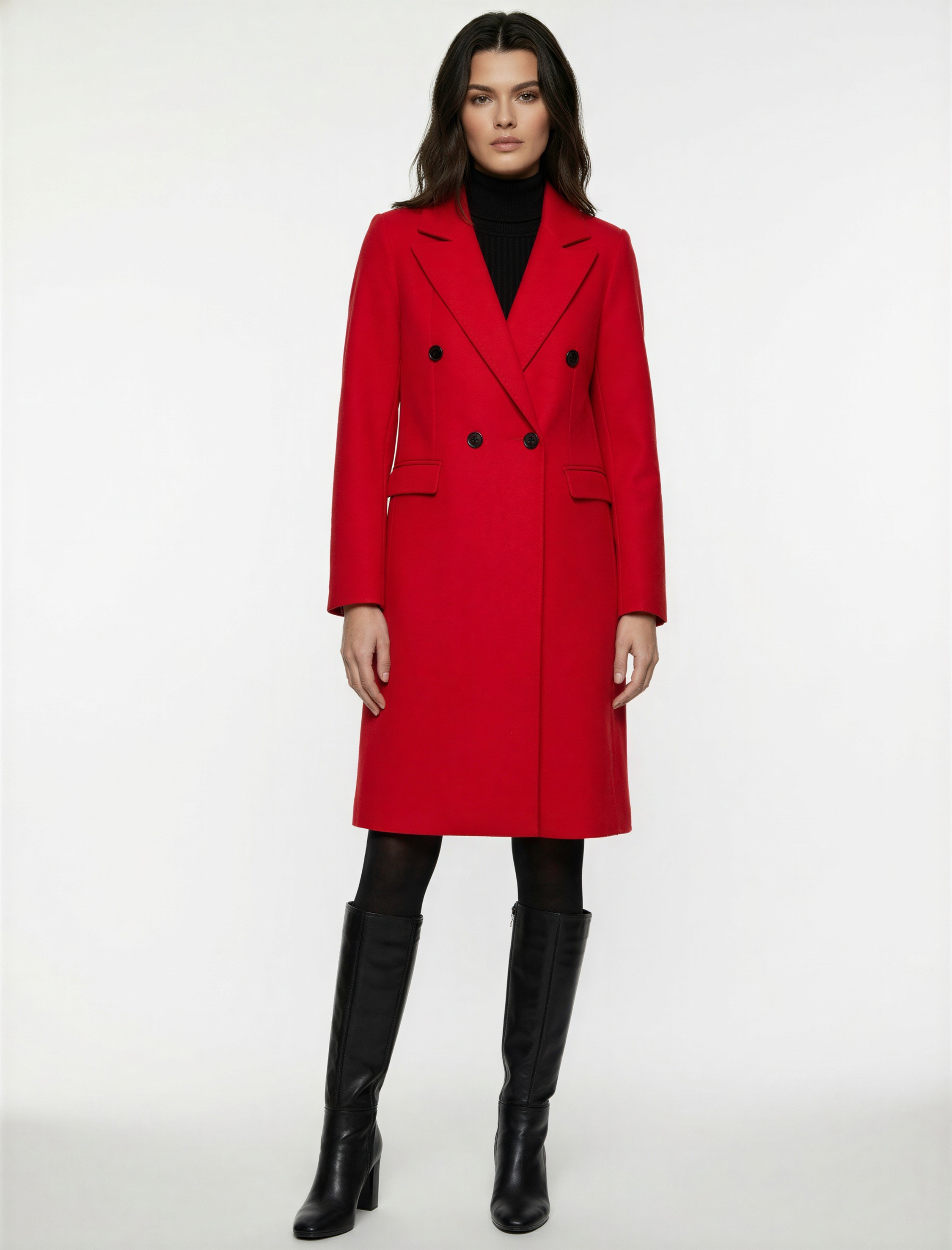   Uzun Kollu Düğmeli Kruvaze Uzun Kaşe Kaban