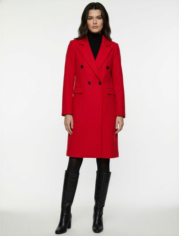  Uzun Kollu Düğmeli Kruvaze Uzun Kaşe Kaban