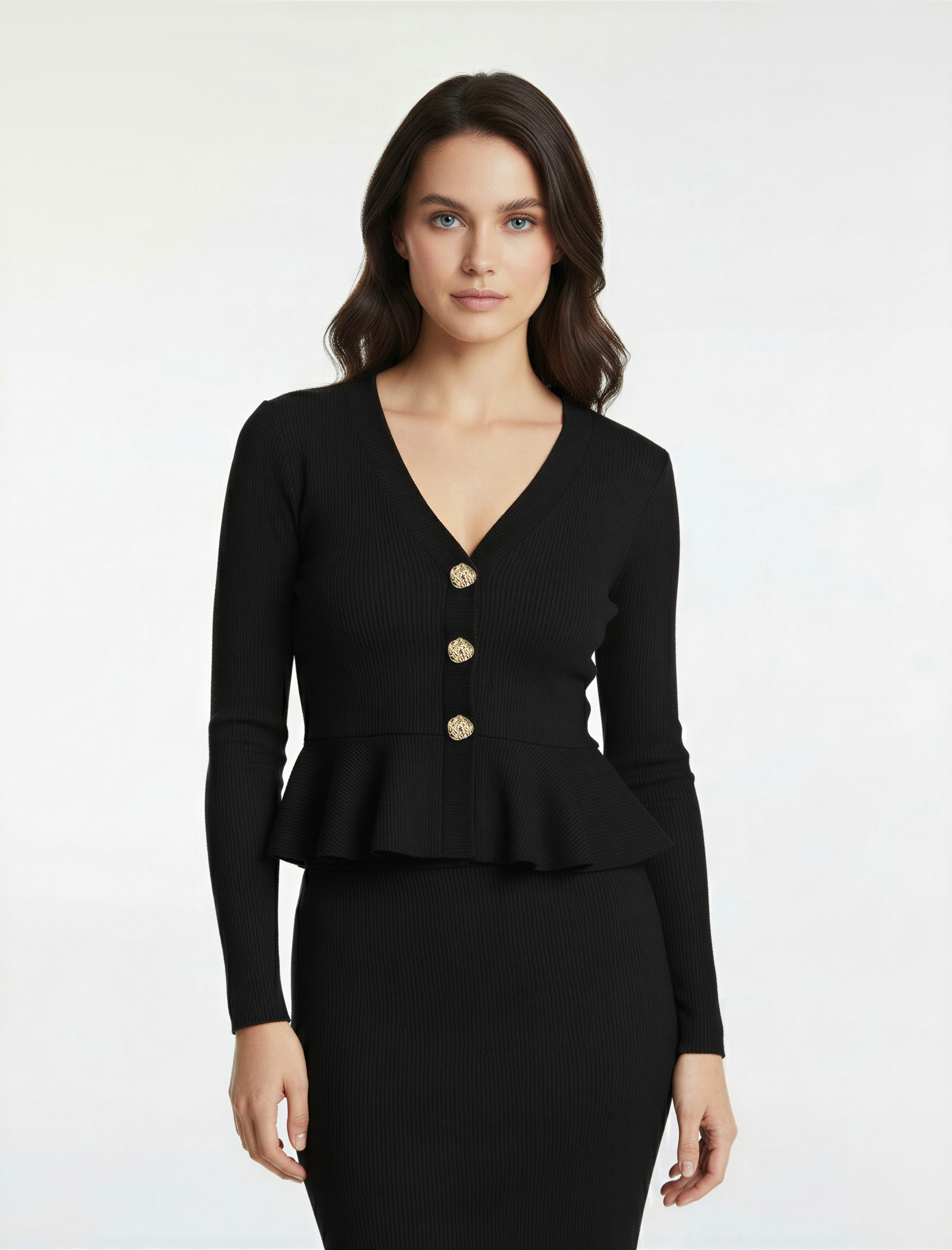   Aksesuar Düğme Detaylı Uzun Kollu Slim Fit Peplum Kesim V Yaka Hırka