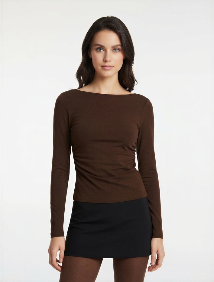  Pamuklu Slim Fit Geniş Yuvarlak Yaka Uzun Kollu Tişört