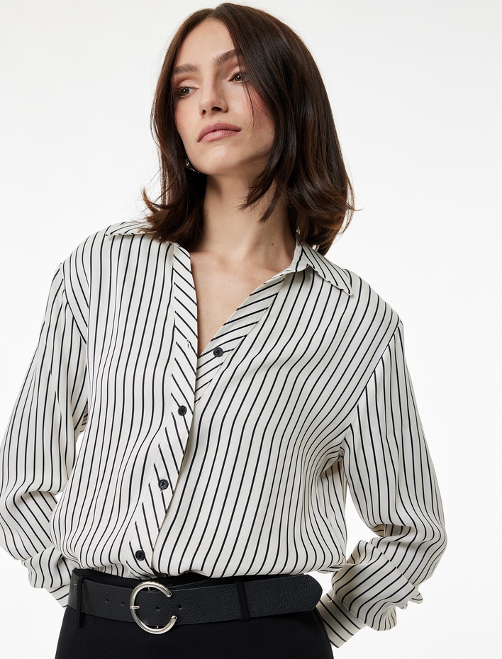  Uzun Kollu Klasik Yaka Düğmeli Viskon Çizgili Gömlek