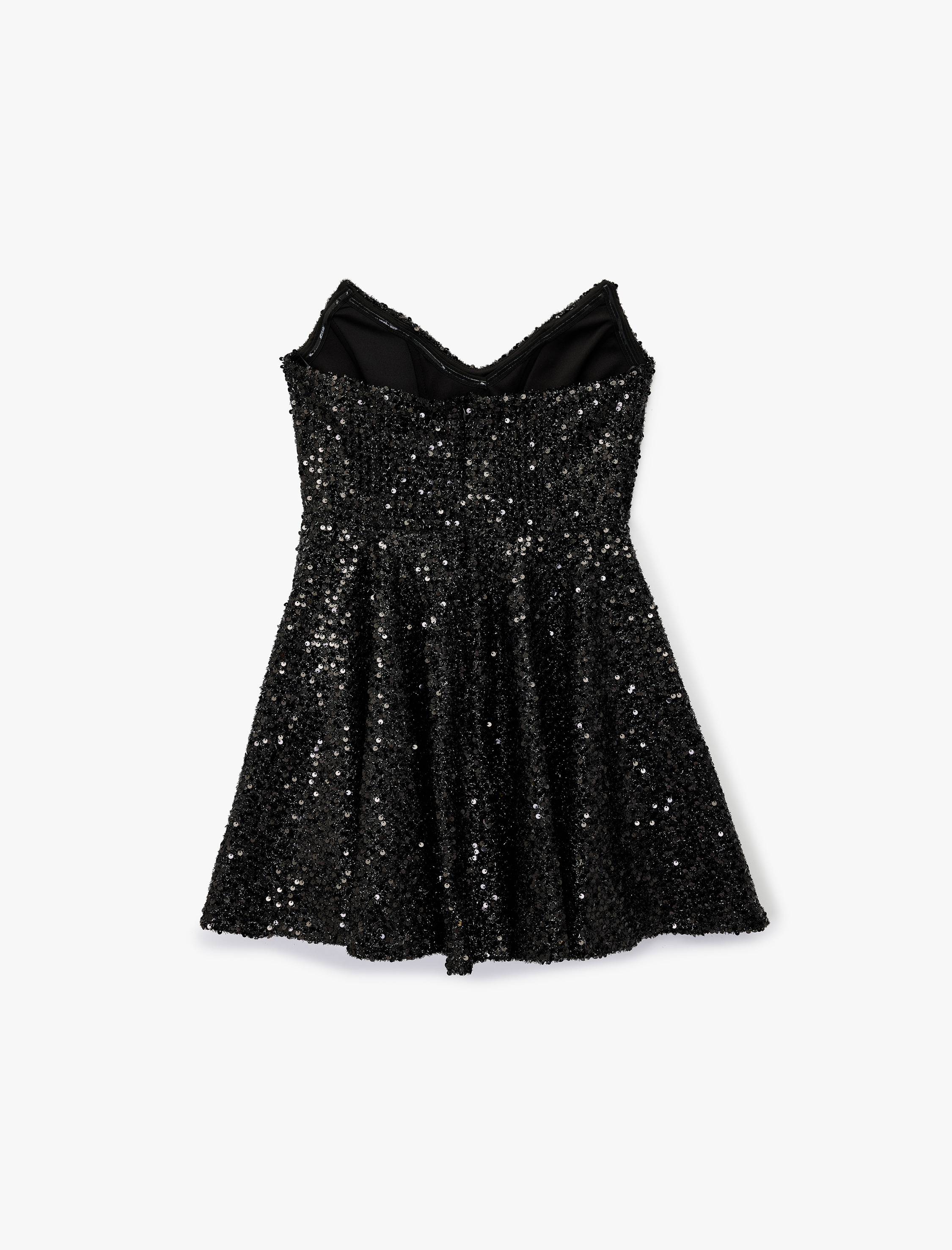   Kalp Yaka Straplez Volanlı Pullu Payetli Mini Abiye Elbise