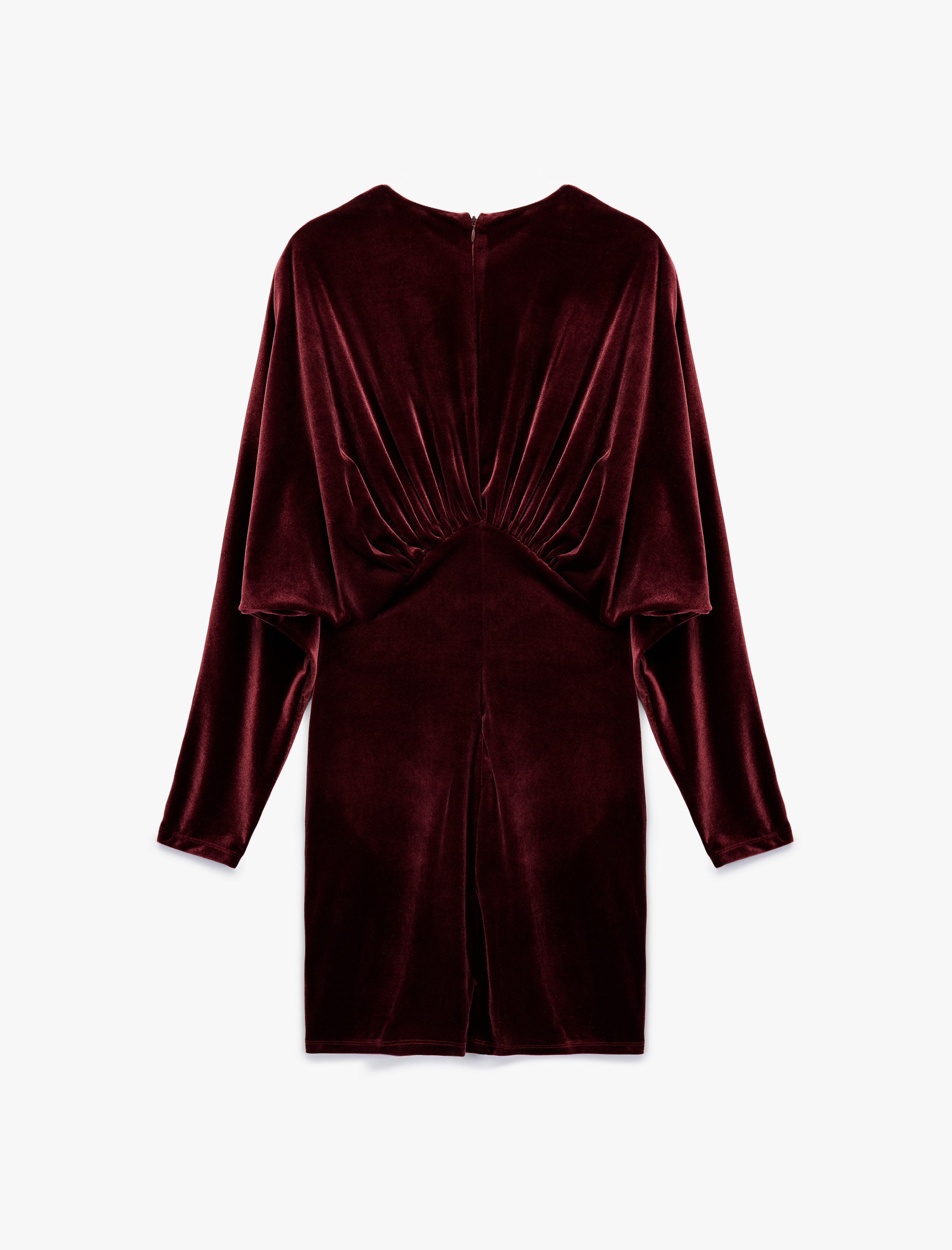   Uzun Kollu V Yaka Drapeli Dökümlü Bodycon Mini Kadife Abiye Elbise