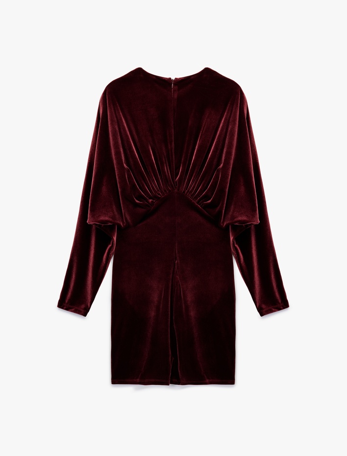  Uzun Kollu V Yaka Drapeli Dökümlü Bodycon Mini Kadife Abiye Elbise