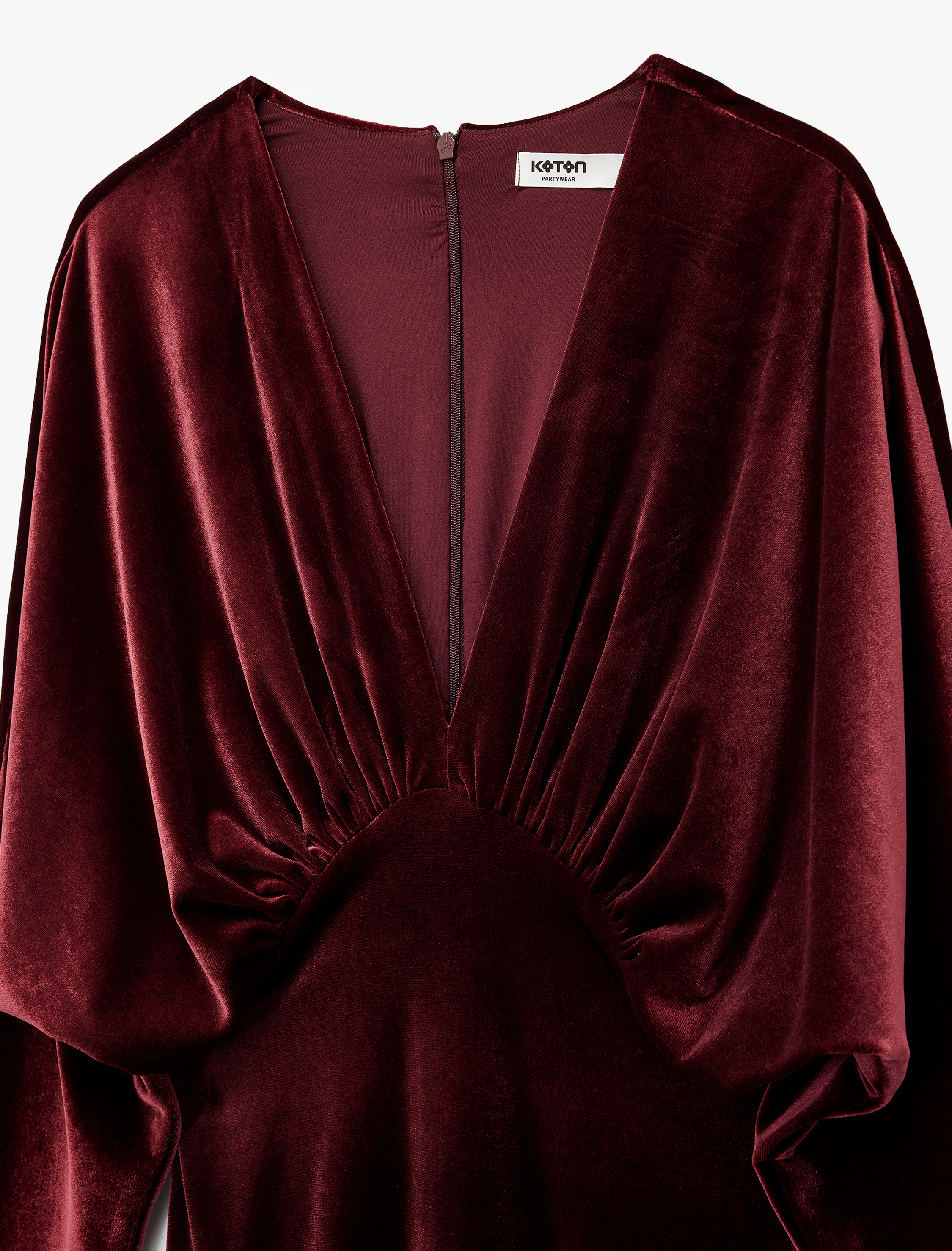   Uzun Kollu V Yaka Drapeli Dökümlü Bodycon Mini Kadife Abiye Elbise