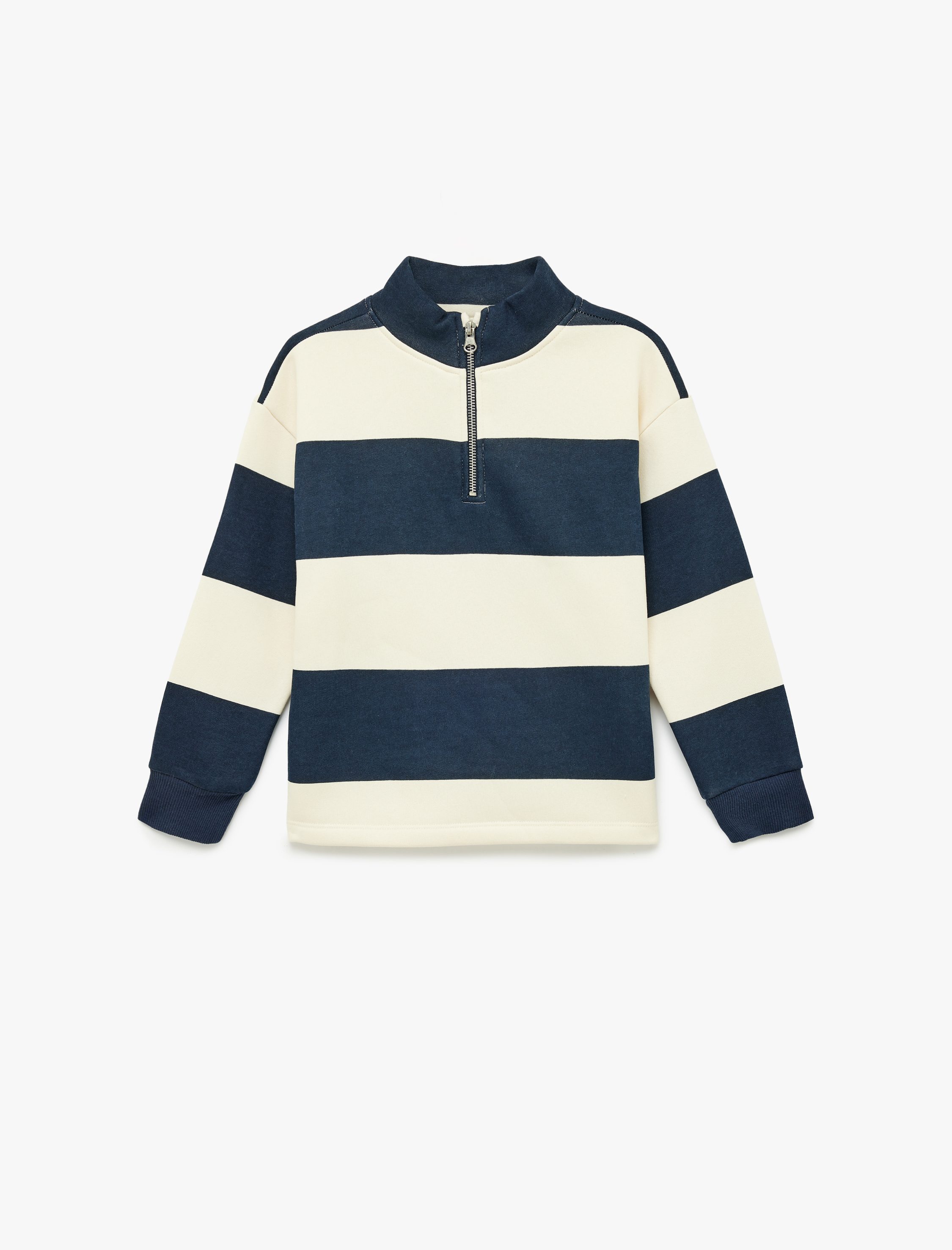  Erkek Çocuk Fermuar Detaylı Uzun Kollu Dik Yaka Çizgili Sweatshirt