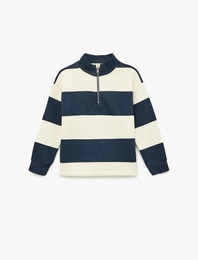 Fermuar Detaylı Uzun Kollu Dik Yaka Çizgili Sweatshirt