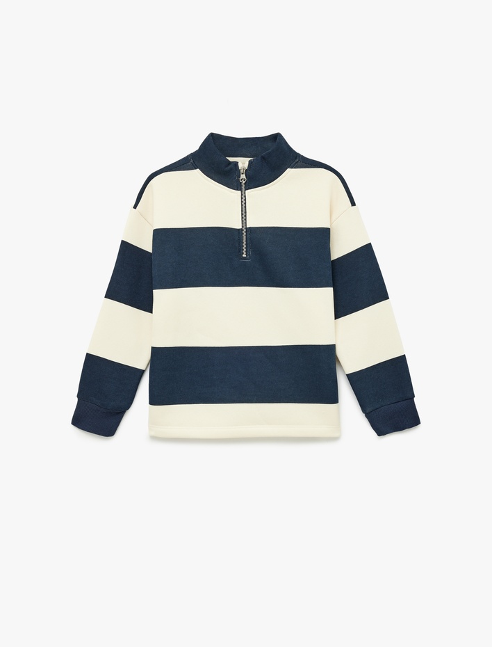Erkek Çocuk Fermuar Detaylı Uzun Kollu Dik Yaka Çizgili Sweatshirt