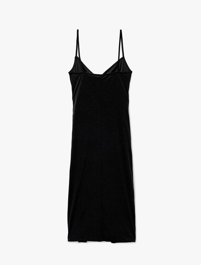  Simli İp Askılı Drapeli Kruvaze Yaka Midi Slip Kadife Abiye Elbise