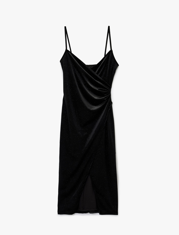  Simli İp Askılı Drapeli Kruvaze Yaka Midi Slip Kadife Abiye Elbise