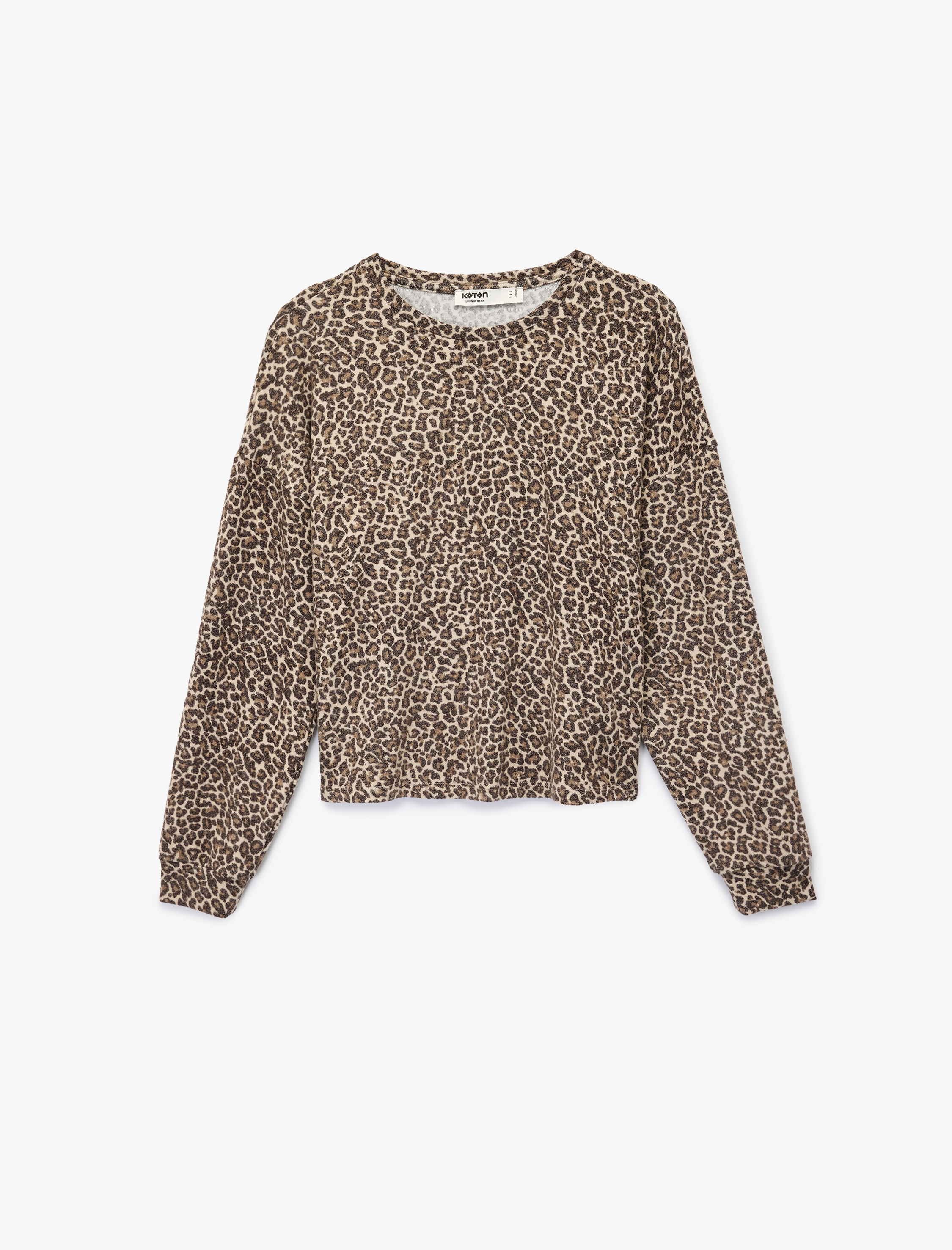   Leopar Desenli Uzun Kollu Bisiklet Yaka Viskon Karışımlı Pijama Üstü