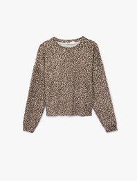 Leopar Desenli Uzun Kollu Bisiklet Yaka Viskon Karışımlı Pijama Üstü