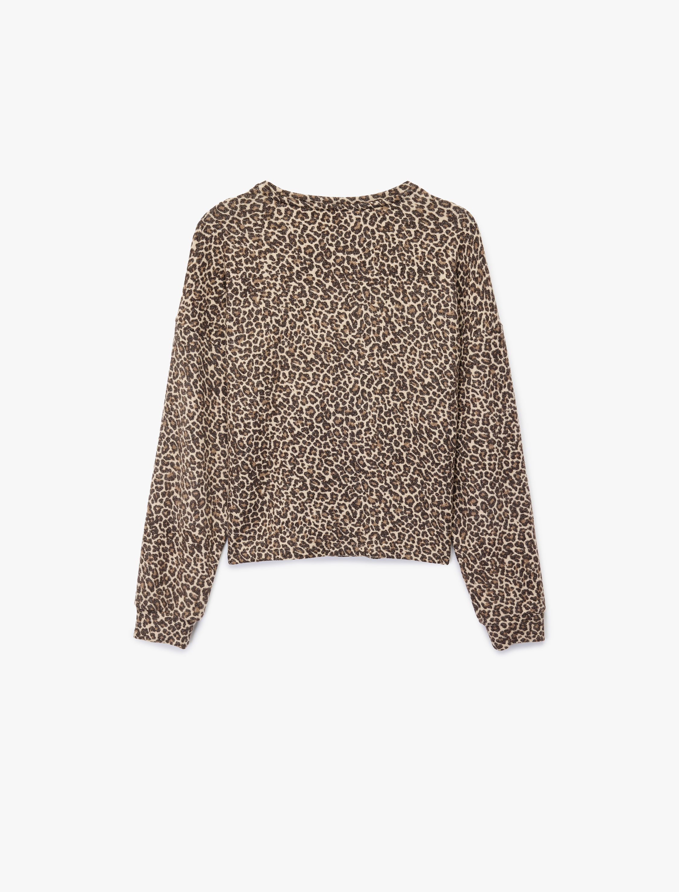   Leopar Desenli Uzun Kollu Bisiklet Yaka Viskon Karışımlı Pijama Üstü