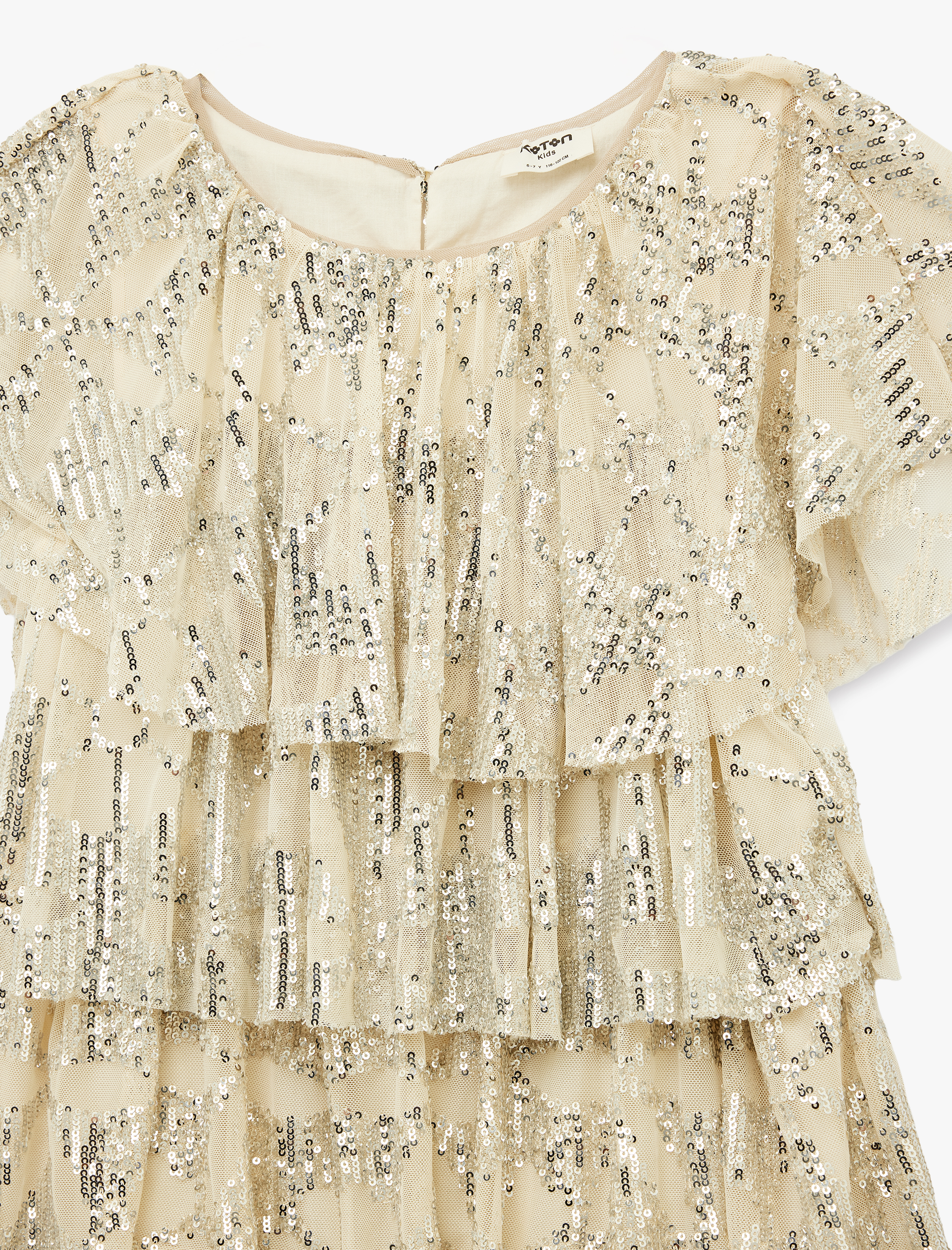  Kız Çocuk Kat Detaylı Kısa Kollu Bisiklet Yaka Pullu Payetli Yılbaşı Elbise