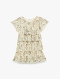 Kat Detaylı Kısa Kollu Bisiklet Yaka Pullu Payetli Yılbaşı Elbise