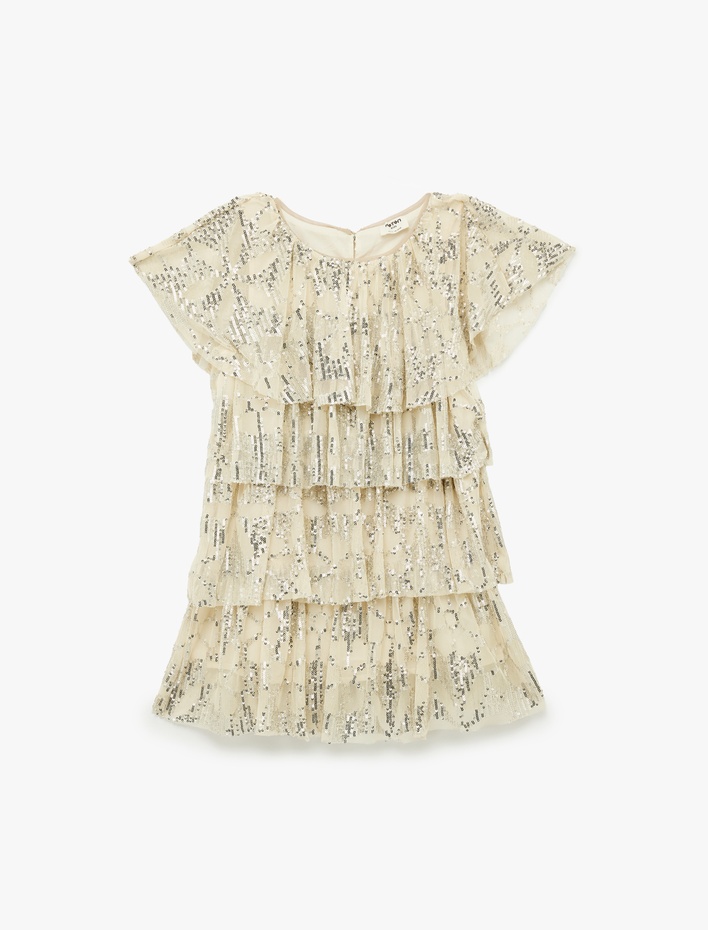 Kız Çocuk Kat Detaylı Kısa Kollu Bisiklet Yaka Pullu Payetli Yılbaşı Elbise