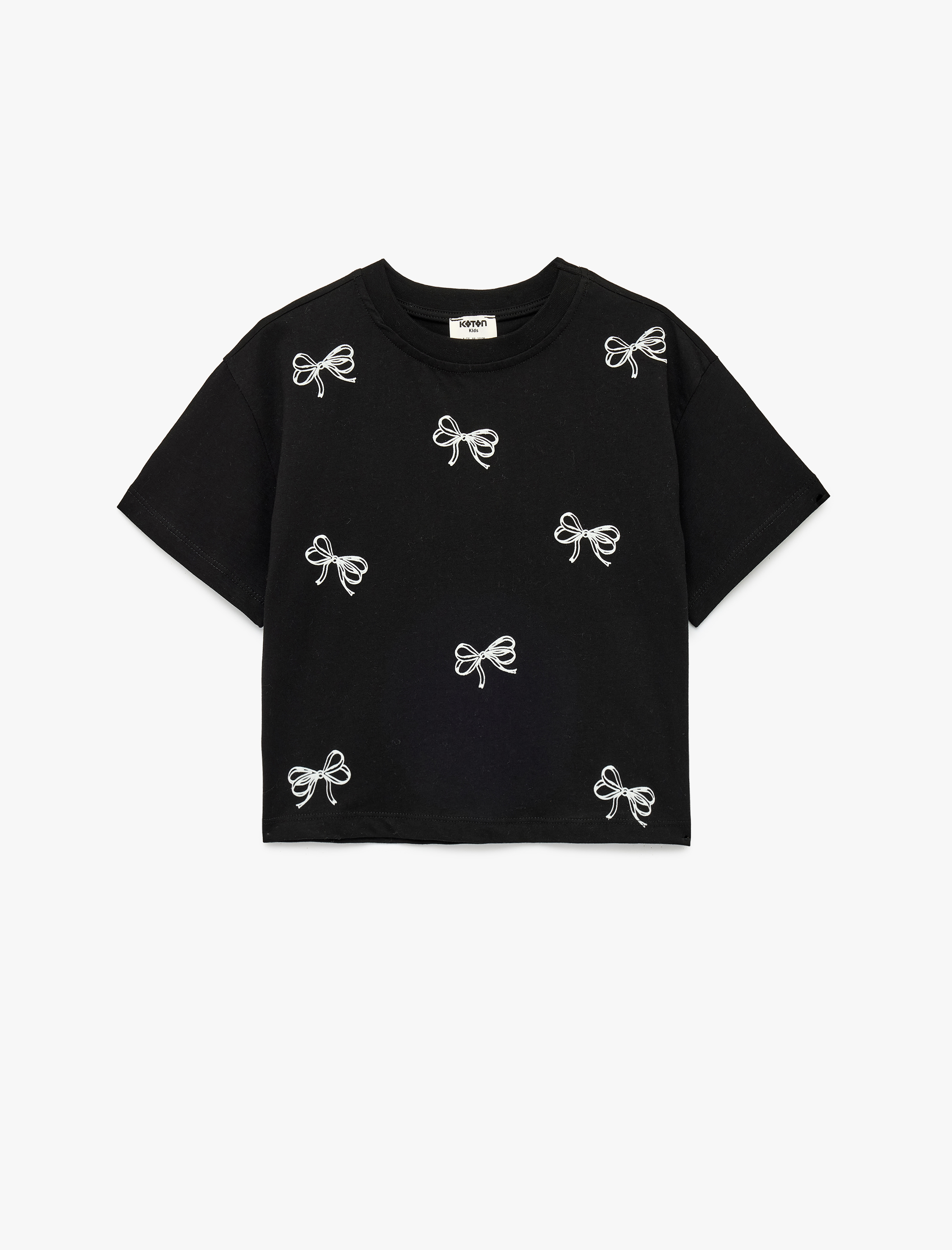  Kız Çocuk Kurdele Detaylı Pamuklu Kısa Kollu Bisiklet Yaka Tişört