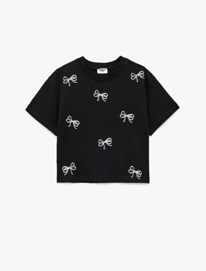 Kız Çocuk Kurdele Detaylı Pamuklu Kısa Kollu Bisiklet Yaka Tişört