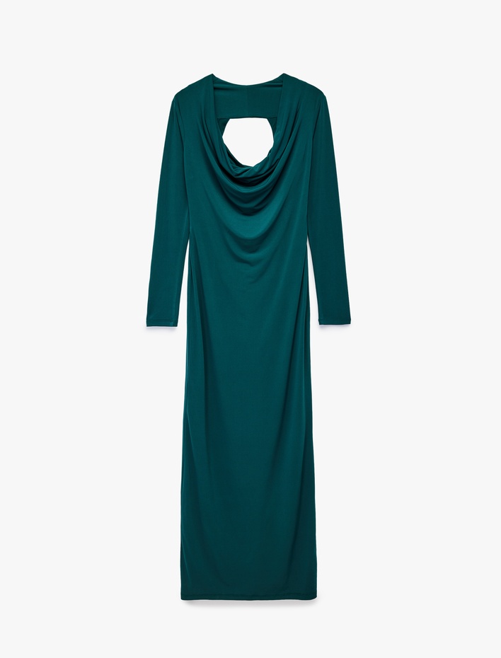  Koton X Sibil Çetinkaya - Uzun Kollu Degaje Yaka Sırtı Pencere Detaylı Uzun Abiye Elbise