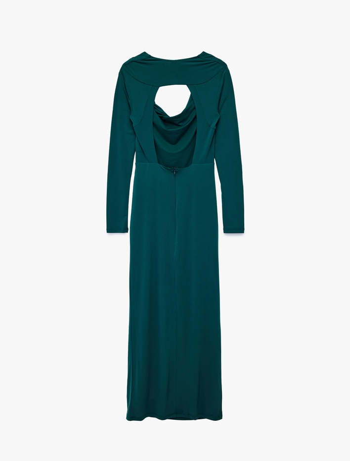  Koton X Sibil Çetinkaya - Uzun Kollu Degaje Yaka Sırtı Pencere Detaylı Uzun Abiye Elbise
