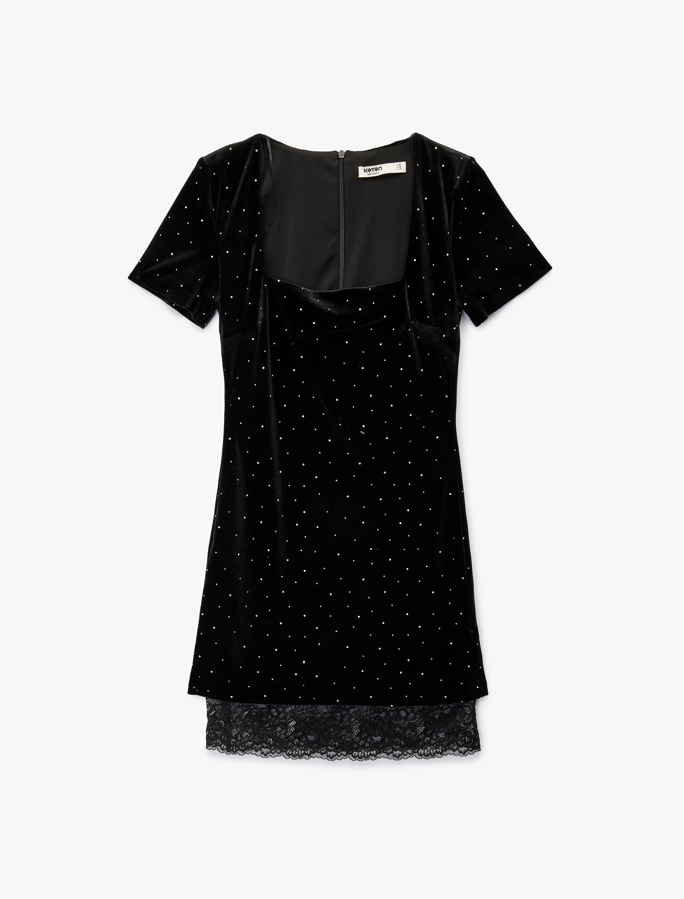   Dantel Detaylı Kare Yaka Kısa Kollu Vatkalı Mini Taşlı Abiye Elbise