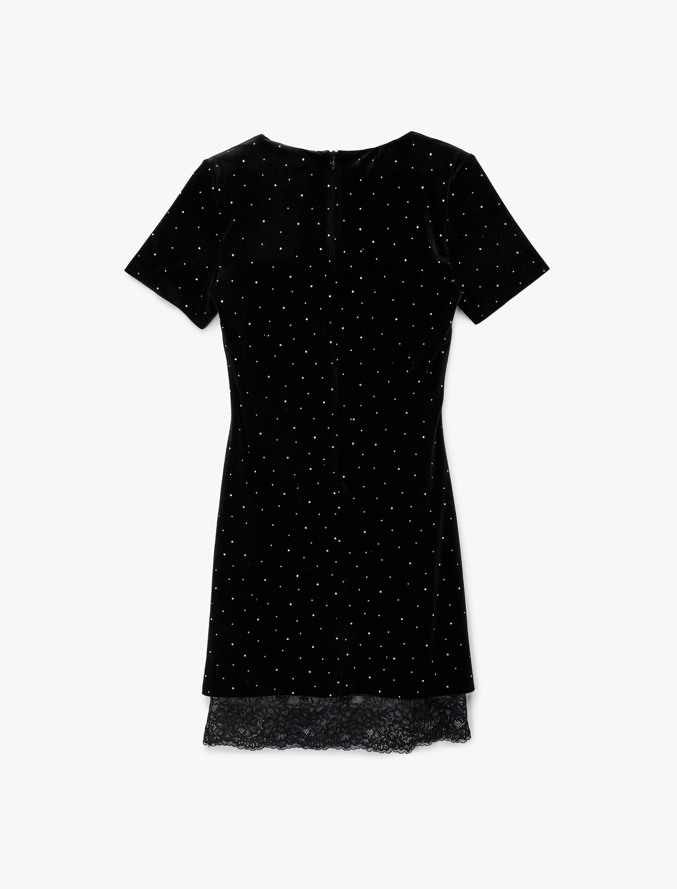   Dantel Detaylı Kare Yaka Kısa Kollu Vatkalı Mini Taşlı Abiye Elbise