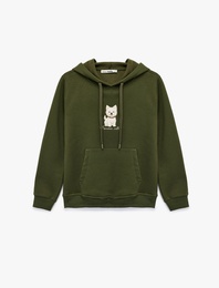 Şardonlu Uzun Kollu Kapüşonlu Kanguru Cep Detaylı Köpek Baskılı Sweatshirt