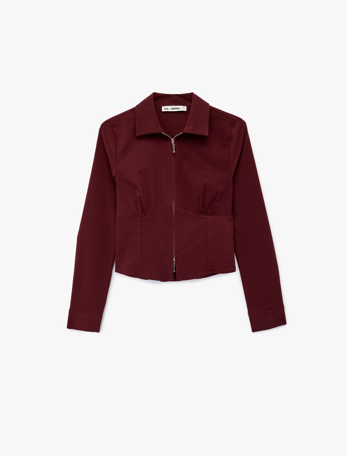  Uzun Kollu Crop Korse Detaylı Fermuarlı Gömlek