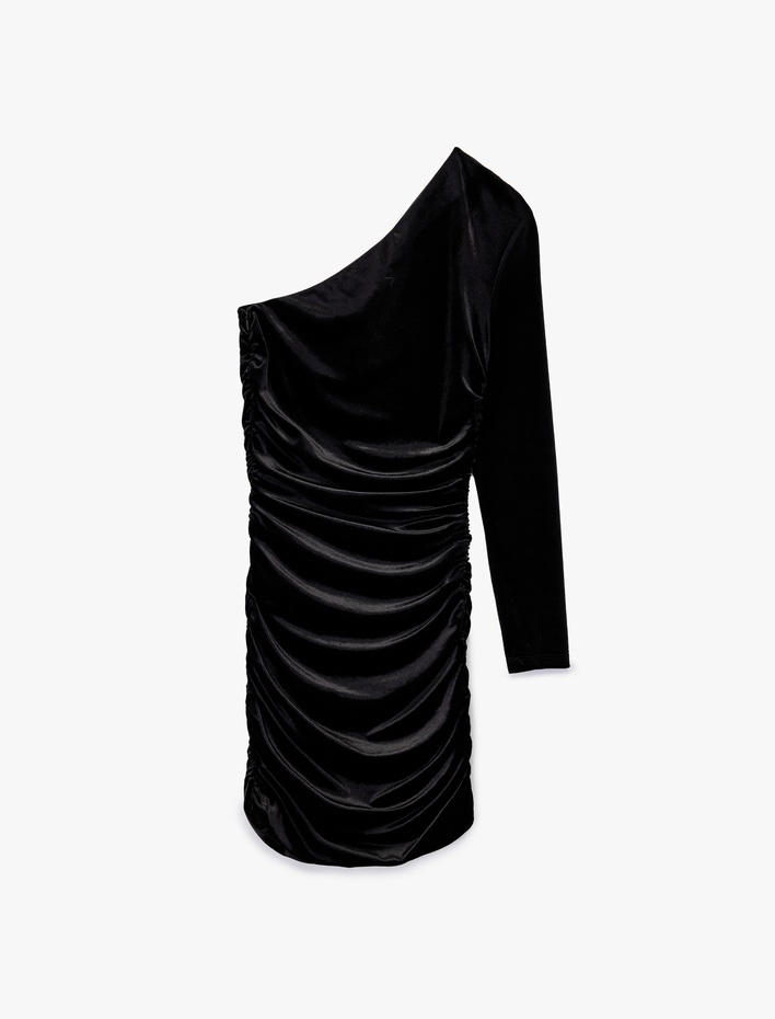  Tek Omuz Uzun Kollu Bodycon Kadife Mini Abiye Elbise