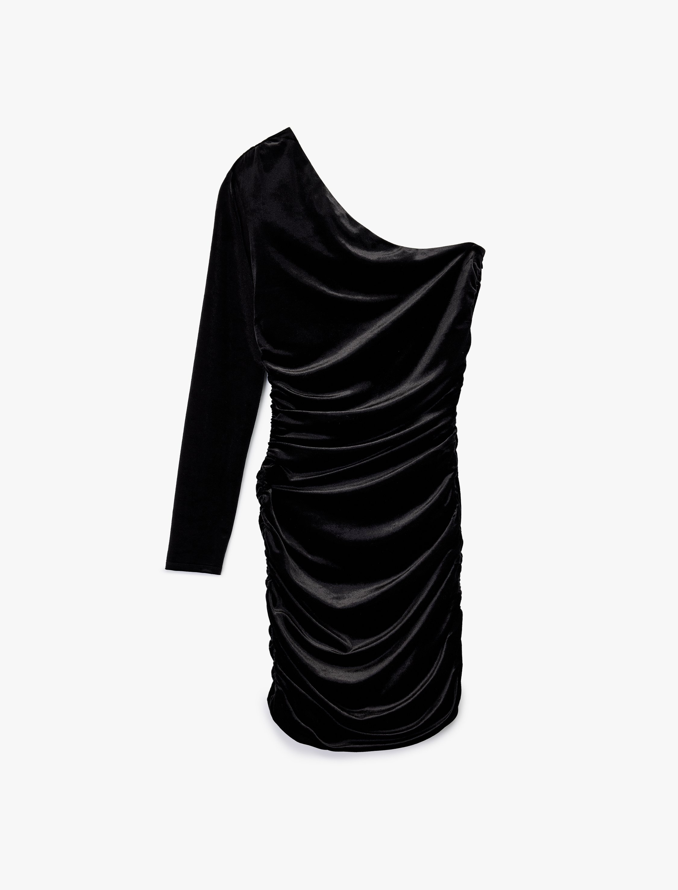   Tek Omuz Uzun Kollu Bodycon Kadife Mini Abiye Elbise