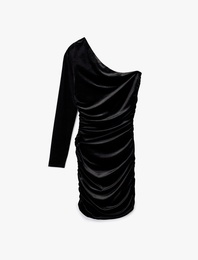 Tek Omuz Uzun Kollu Bodycon Kadife Mini Abiye Elbise