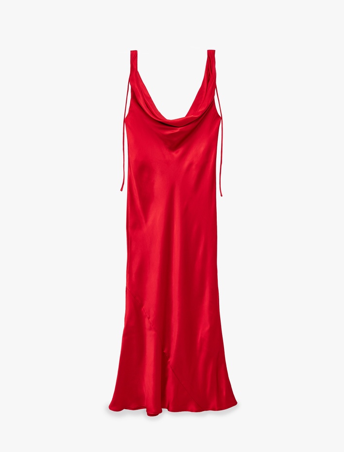  Kolsuz Degaje Yaka Viskon Karışımlı Saten Uzun Abiye Elbise