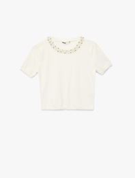 Viskon Karışımlı Boncuk Detaylı Kısa Kollu Triko Kazak