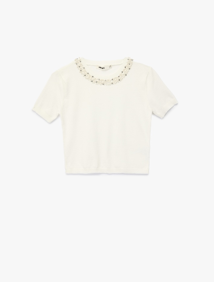  Viskon Karışımlı Boncuk Detaylı Kısa Kollu Triko Kazak