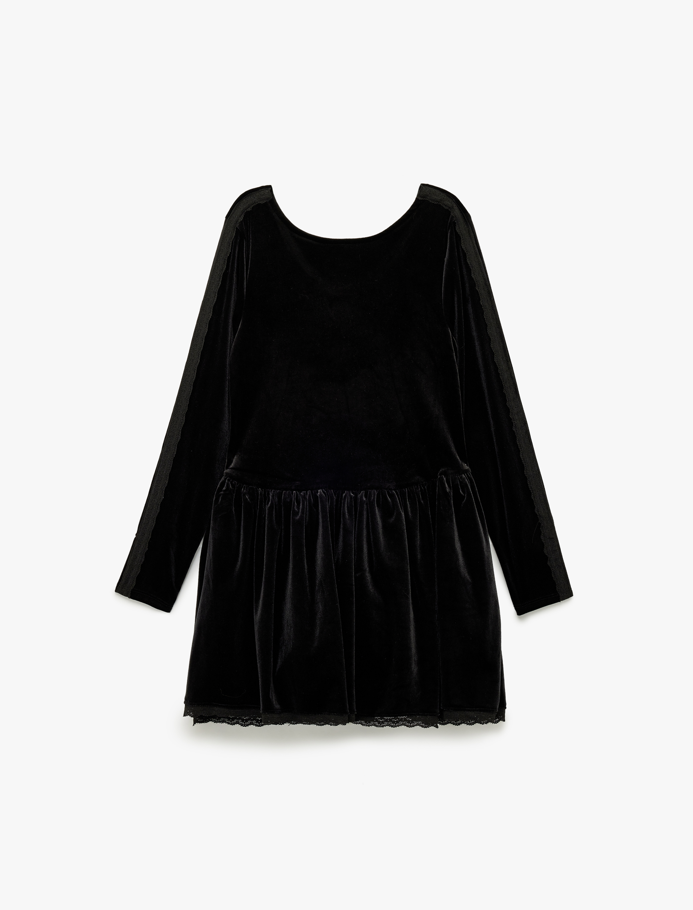  Kız Çocuk Dantel Detaylı Uzun Kollu Geniş Yaka Kadife Elbise