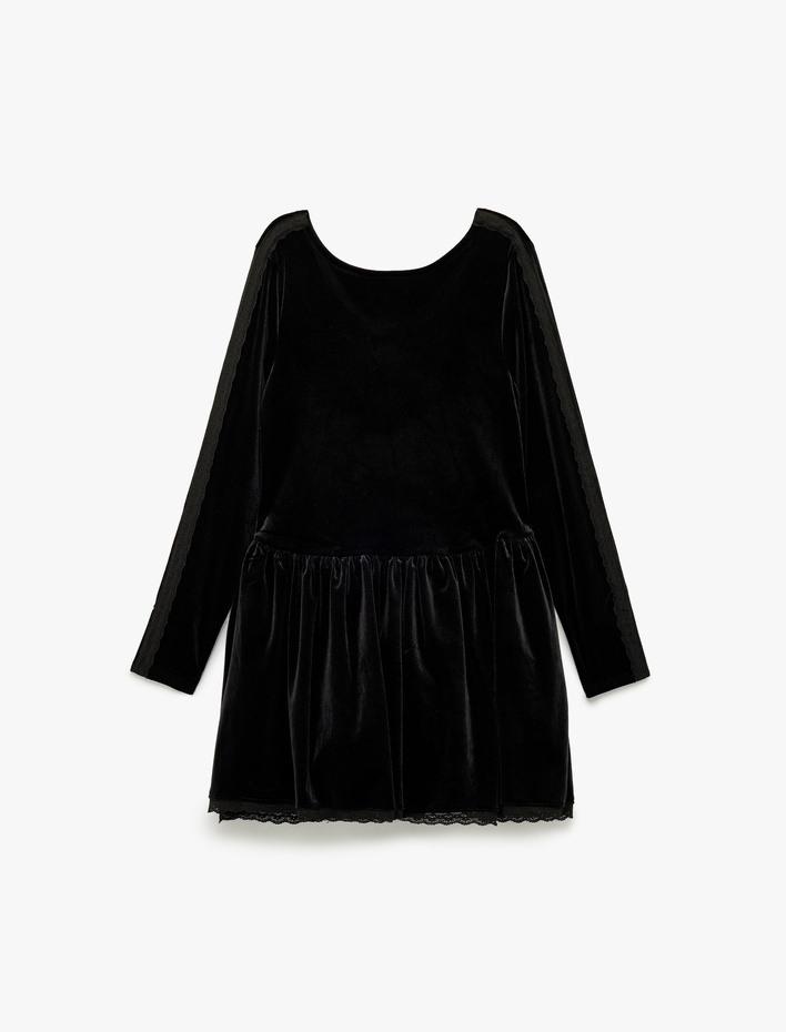 Kız Çocuk Dantel Detaylı Uzun Kollu Geniş Yaka Kadife Yılbaşı Elbise