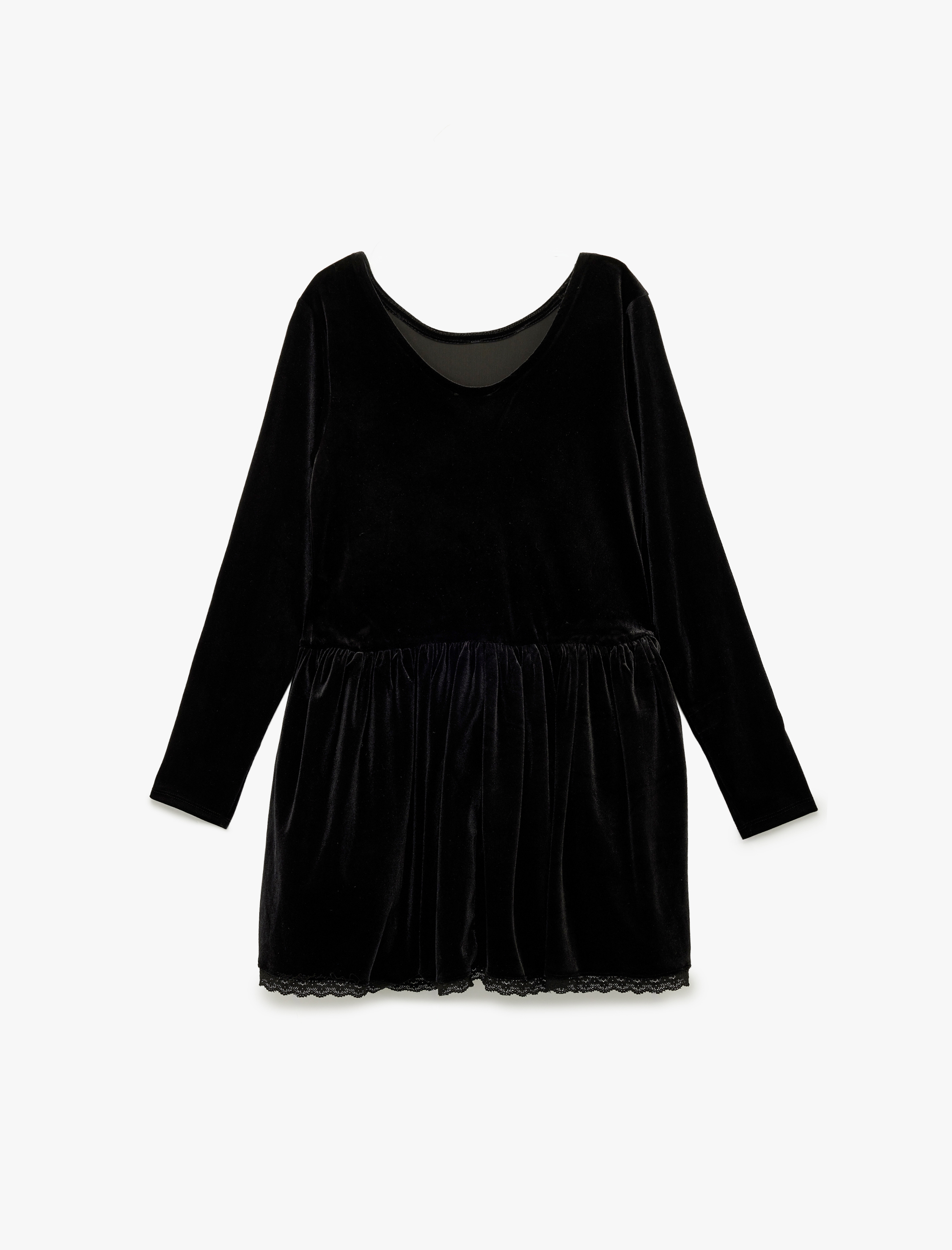  Kız Çocuk Dantel Detaylı Uzun Kollu Geniş Yaka Kadife Elbise